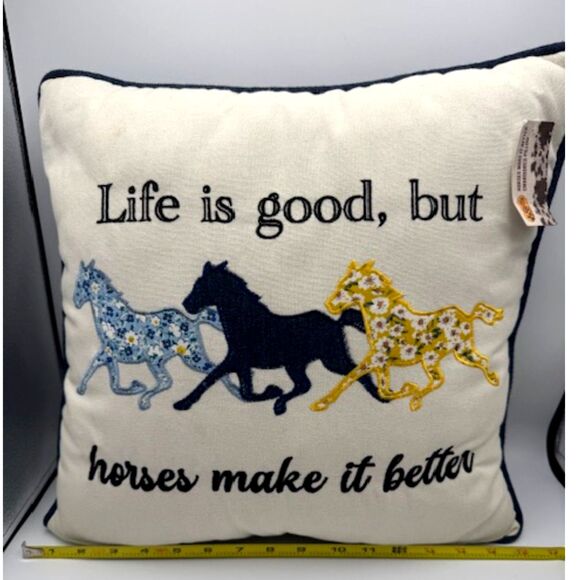 NWT Cracker Barrel Multicolor Embroidered Floral Denim Horses Square 16" Pillow - Picture 4 of 12